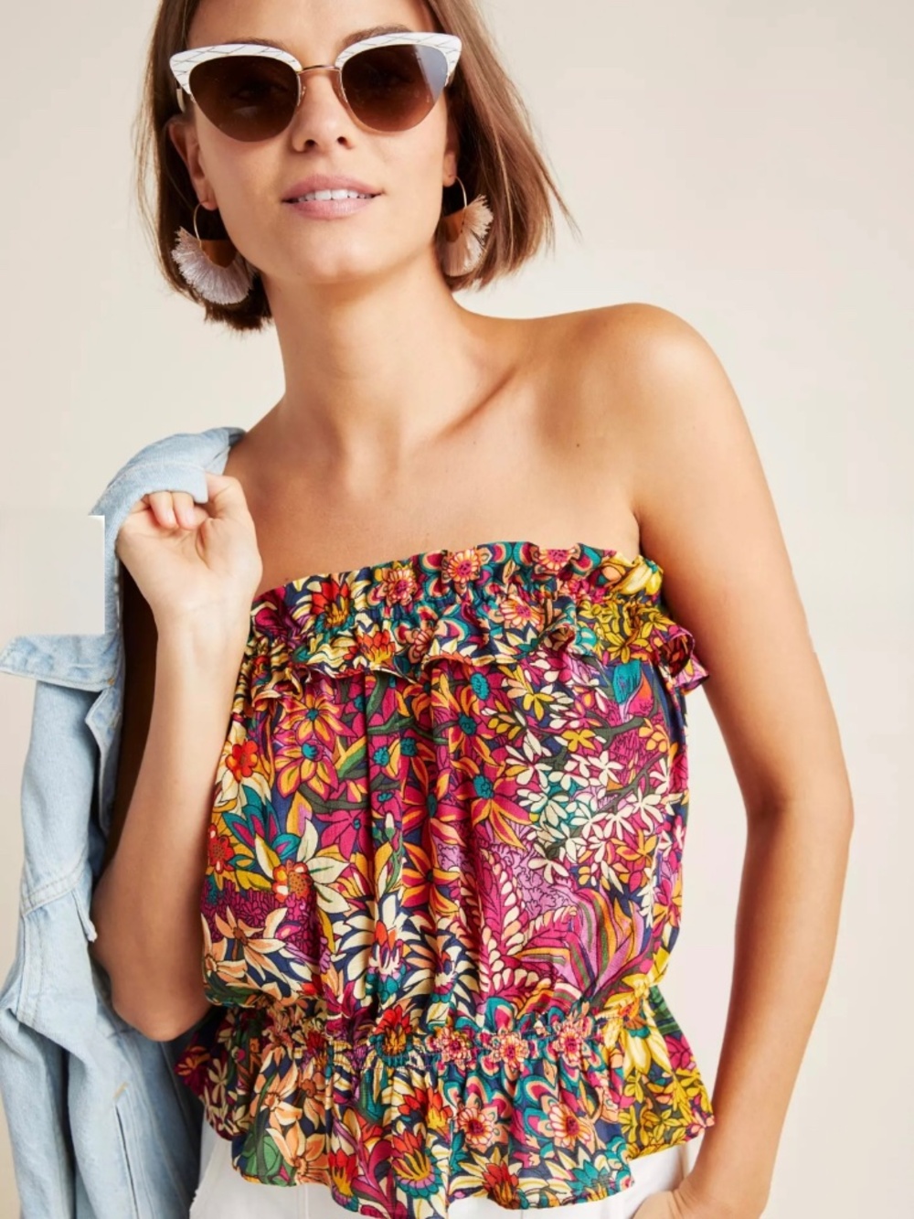 Maeve Strapless Floral Smocked Peplum Top - Multicolor